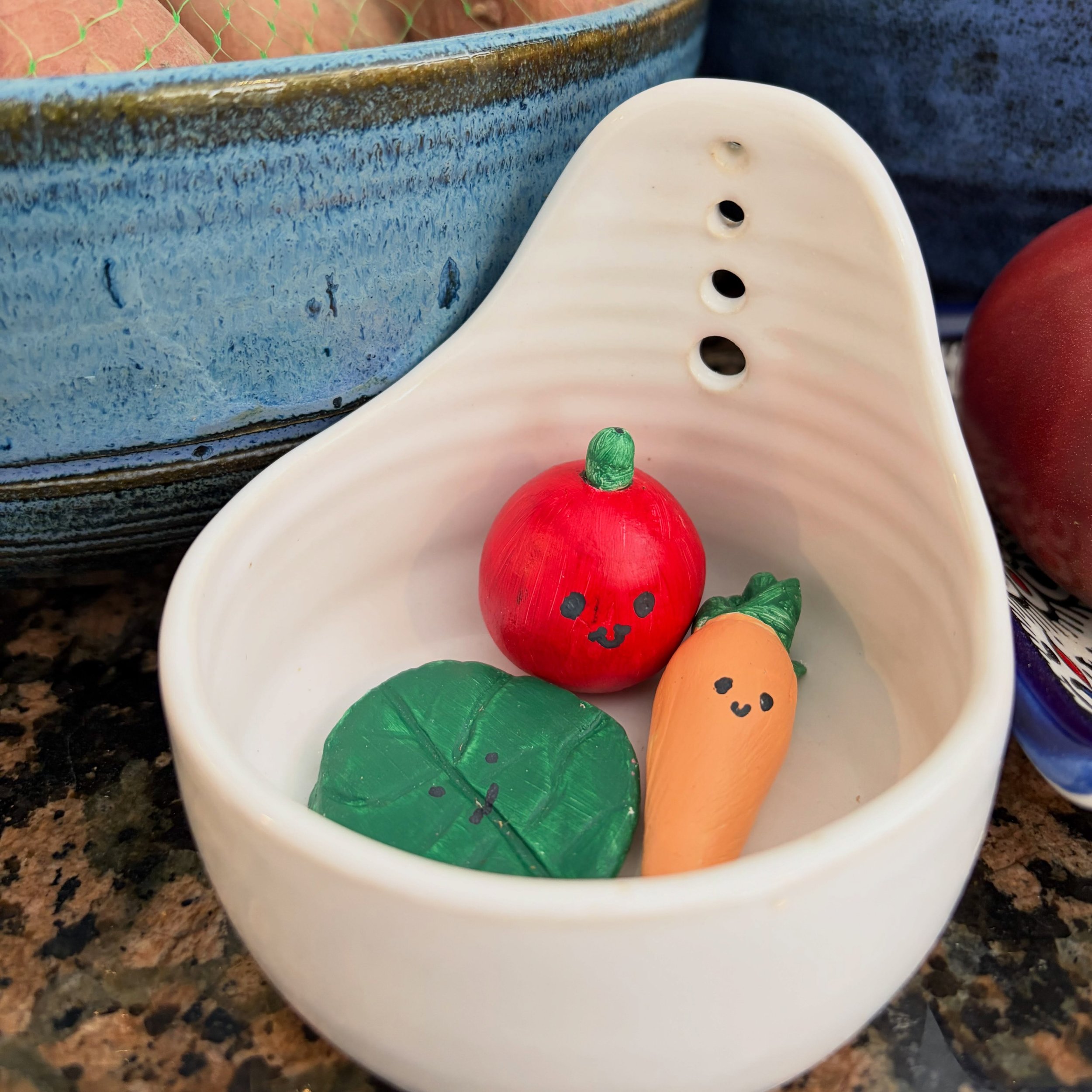 Kitchen countertop current favorite scenes 🥰 
1 - wee veggies made by my favorite wee artist chillin in my @lemonglaze herb stripper
2 - wee dried celosia tips from topping transplants last spring in a wee wooden bowl from Isla Mujeres
3 - wee knitt
