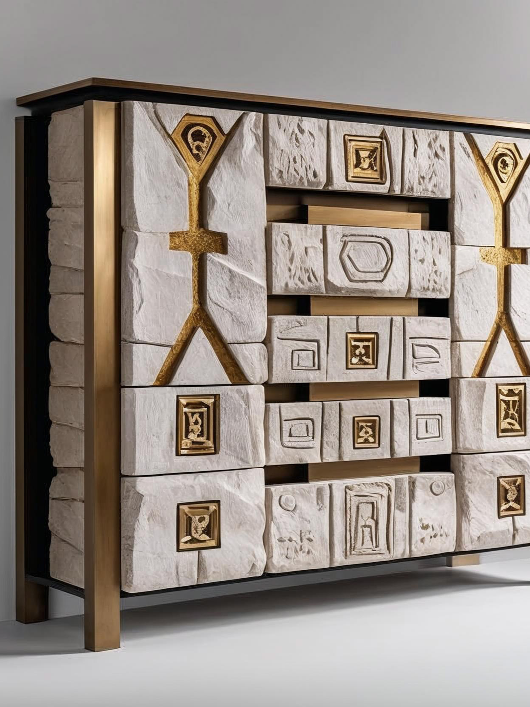 T-PILLAR sculptural console inspired by ancient T-shaped pillars, crafted in textured wood with gold accents and symbolic carvings.