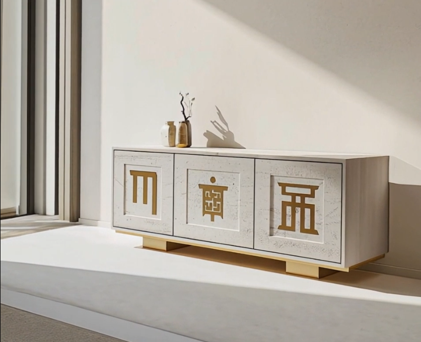 White sideboard with gold Asian-inspired symbols on the doors, placed on a white rug near a glass door, with four decorative vases and a branch on top.