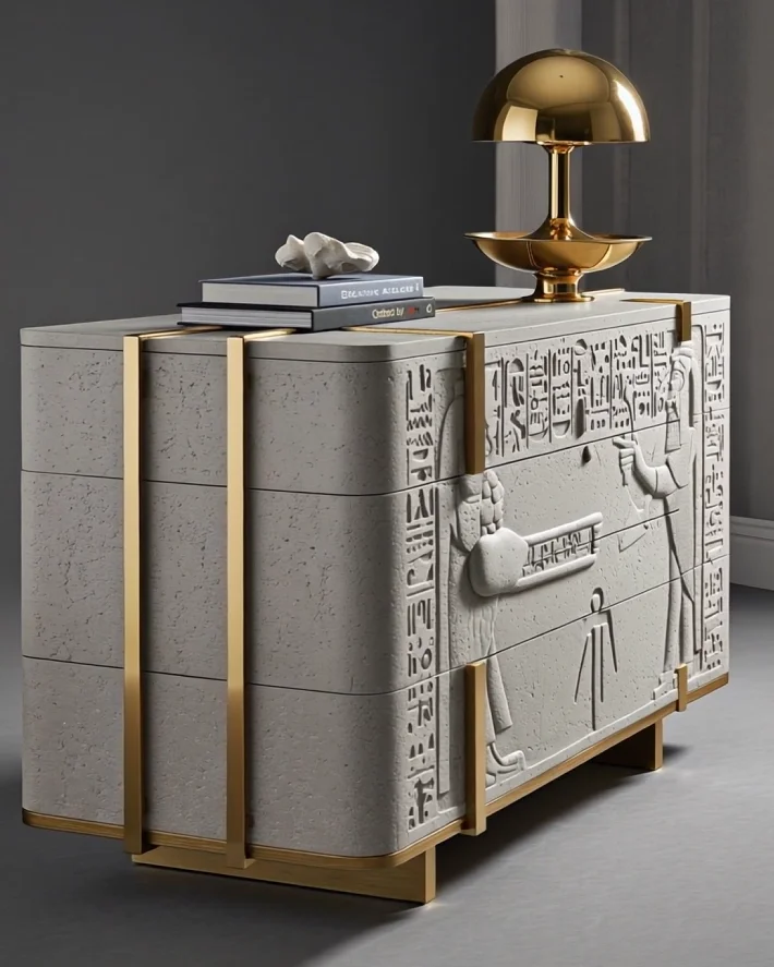 MENAT sculptural luxury cabinet inspired by Ancient Egyptian reliefs, handcrafted designer furniture by Creative Ateliers