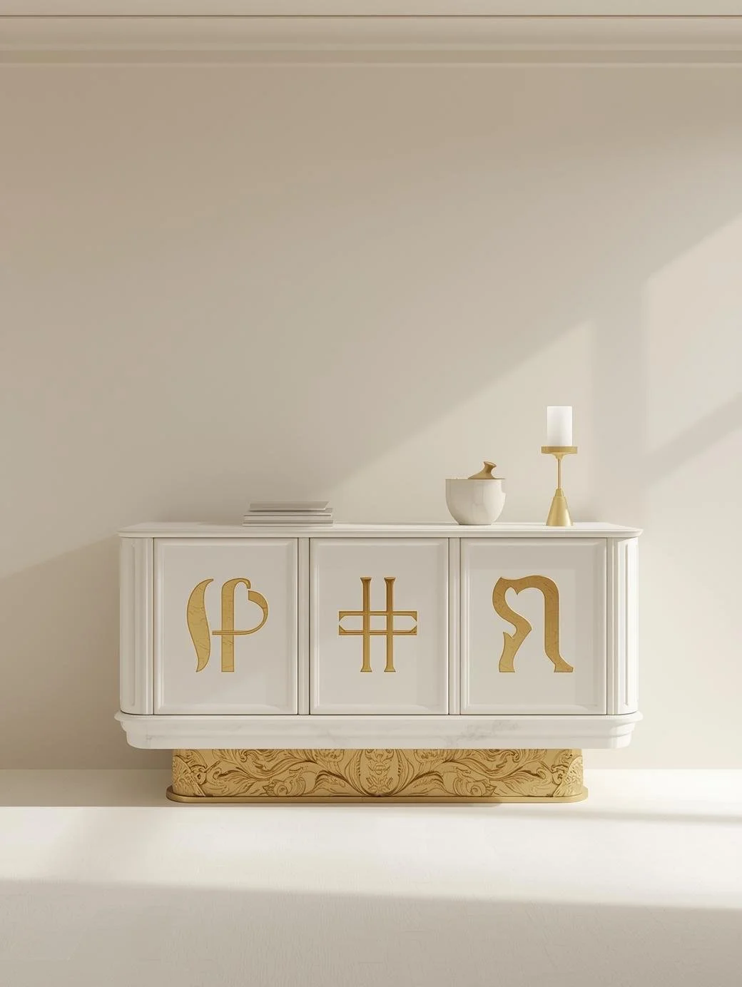 Urha console inspired by Göbeklitepe symbols, stone-textured