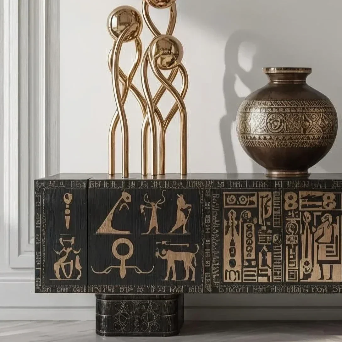 Khonsu console featuring celestial and lunar motifs, stone-like textures, and handcrafted gold accents.