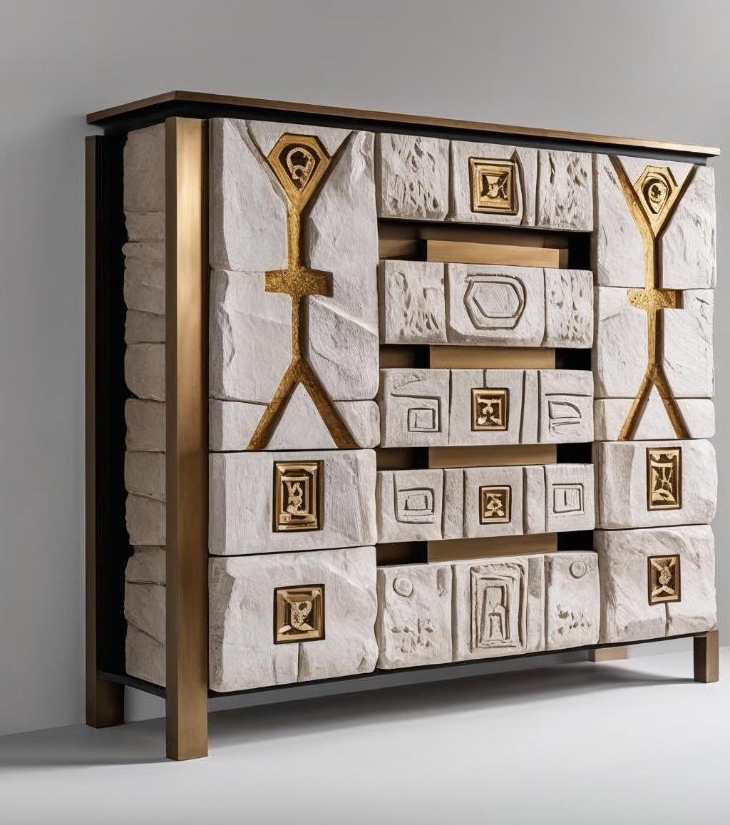 T-PILLAR sculptural wine cabinet inspired by ancient civilizations, handcrafted luxury collectible furniture by Creative Ateliers