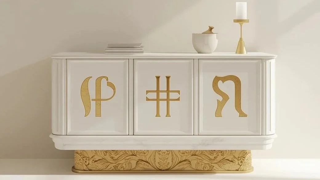 ISHTAR console inspired by the Mesopotamian goddess of love and fertility, crafted in pristine white lacquer with 24K gold symbolic details.