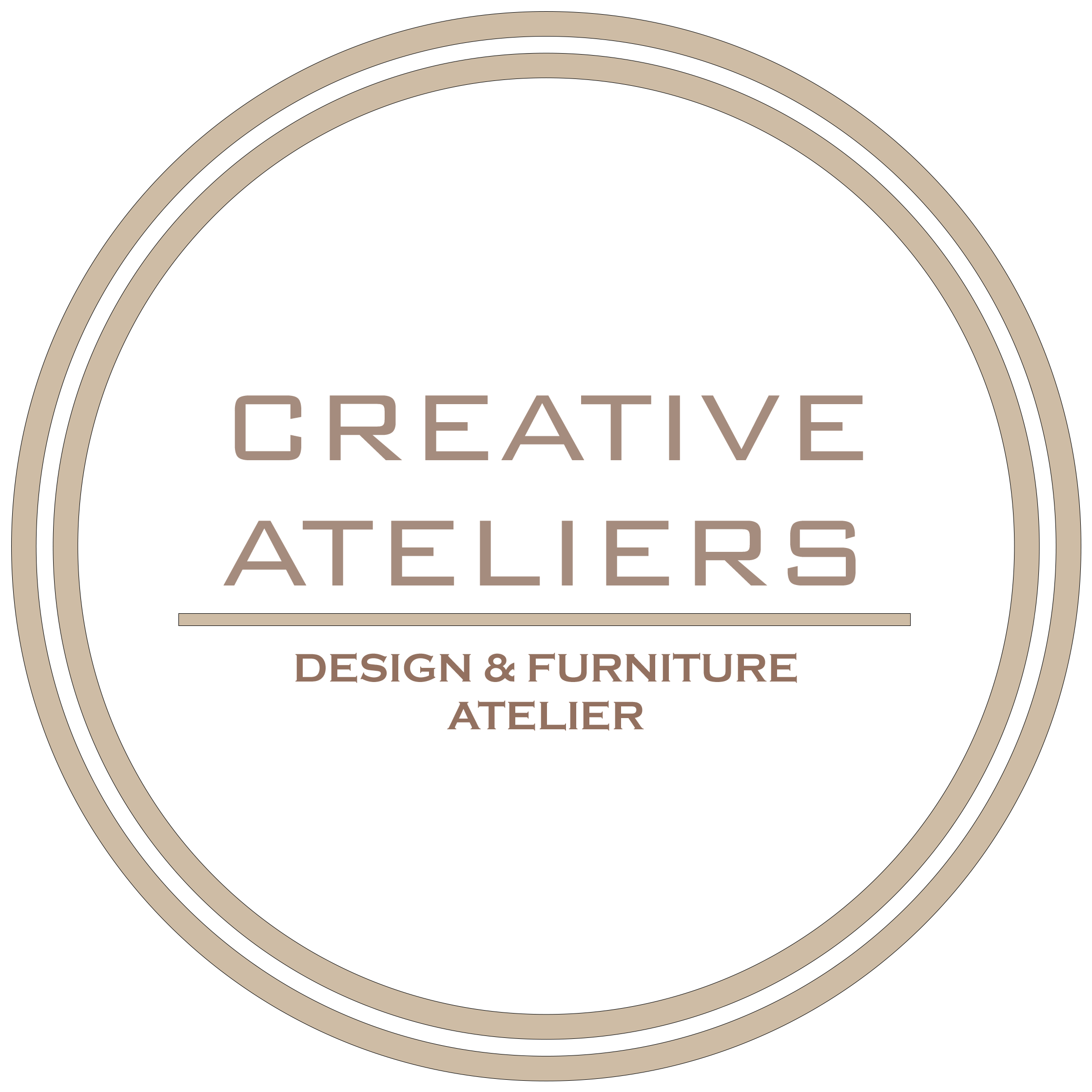 A circular logo with beige rings and text on a black background that reads 'Creative Ateliers, Design & Furniture Atelier'.
