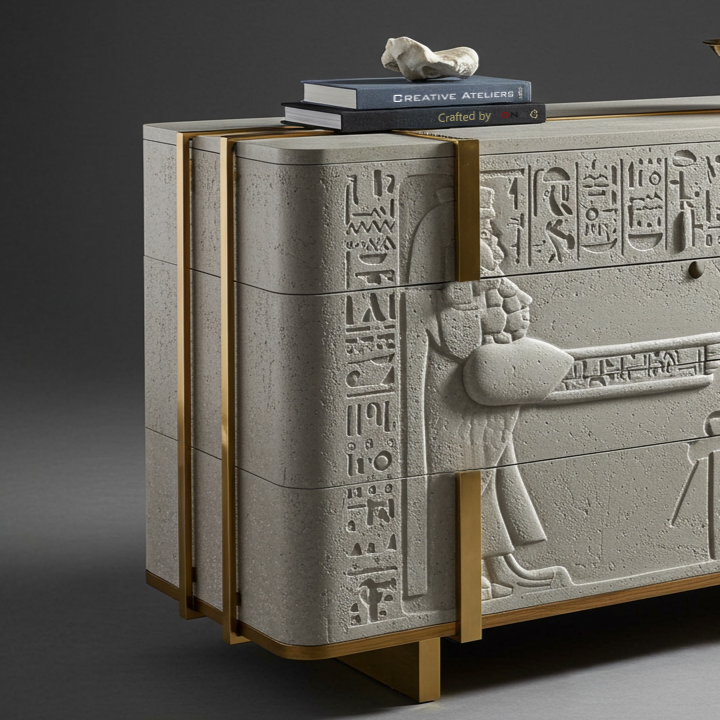 Menat sideboard with handcrafted carvings, heritage-inspired forms, and refined metallic accents.