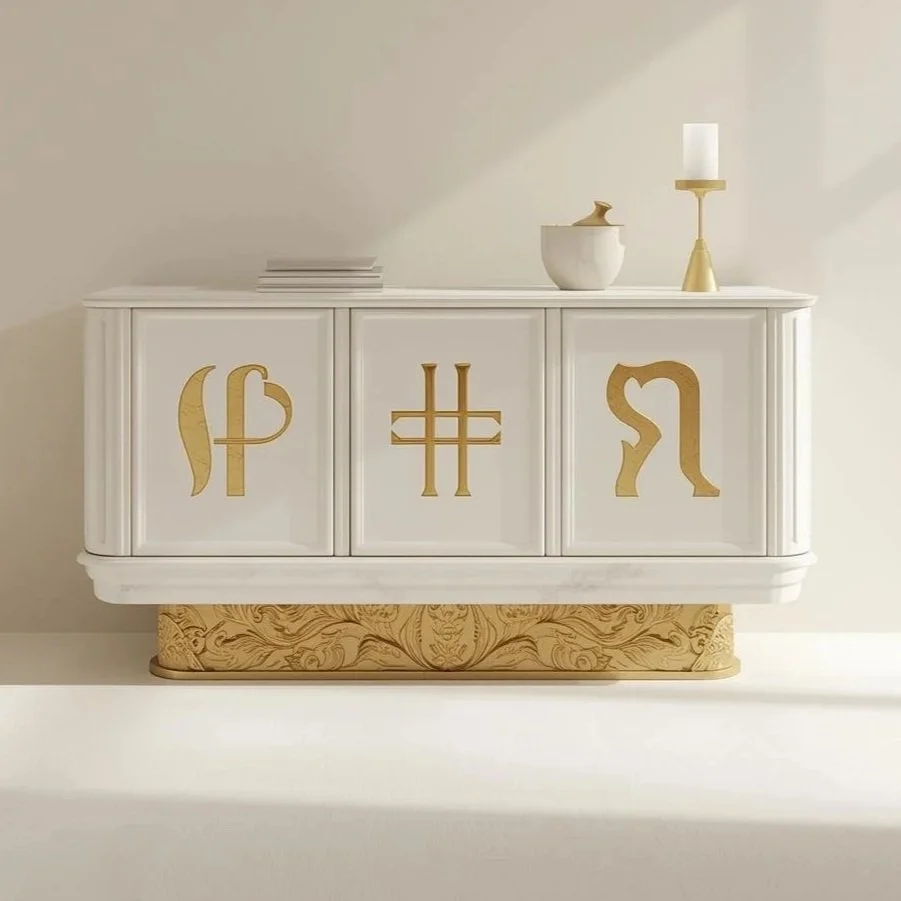 Isthar console table in white lacquer with golden ancient-inspired symbols and hand-carved pedestal base, luxury furniture by Creative Ateliers
