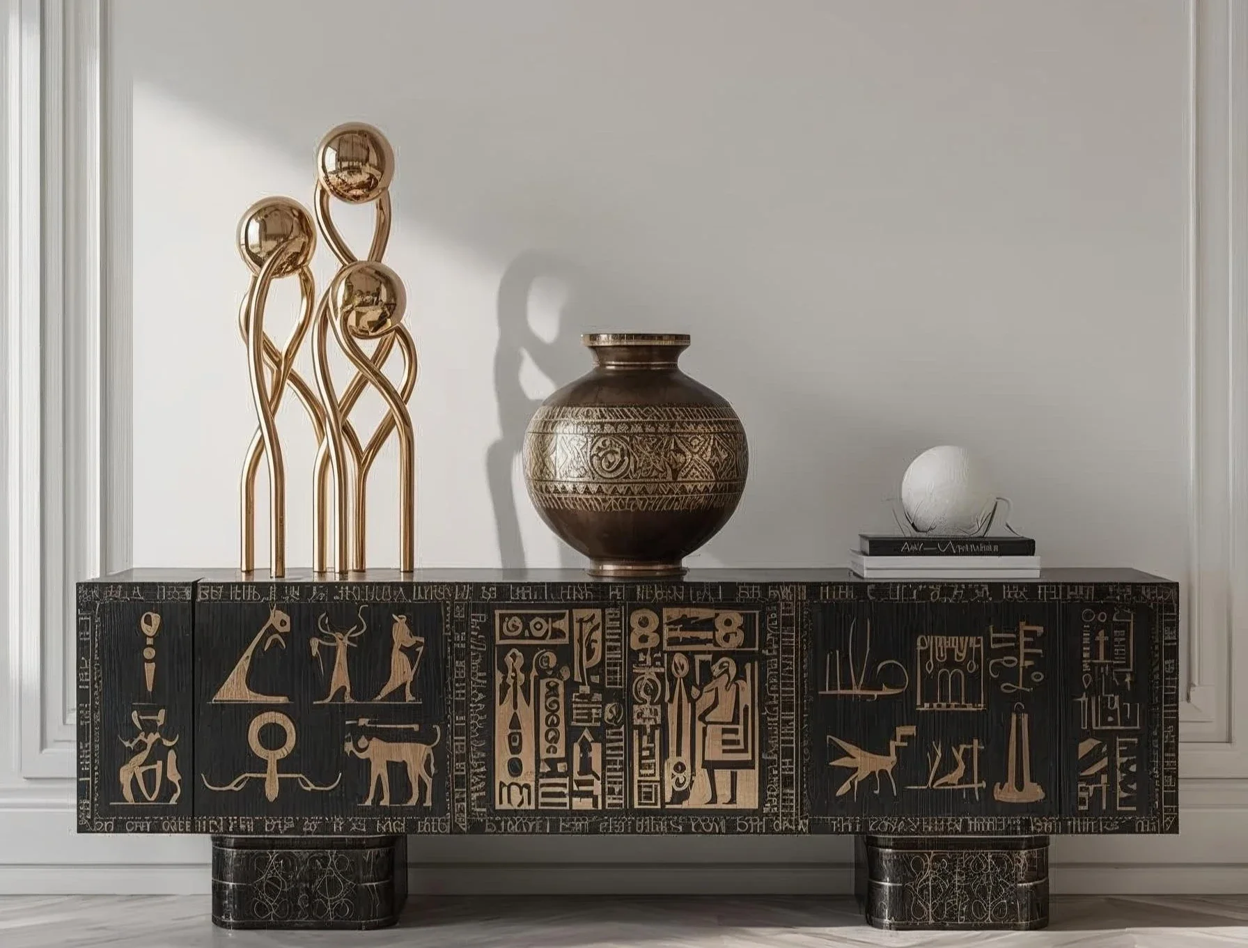 KHONSU console – matte black lacquer with 24K gold mystical symbols.