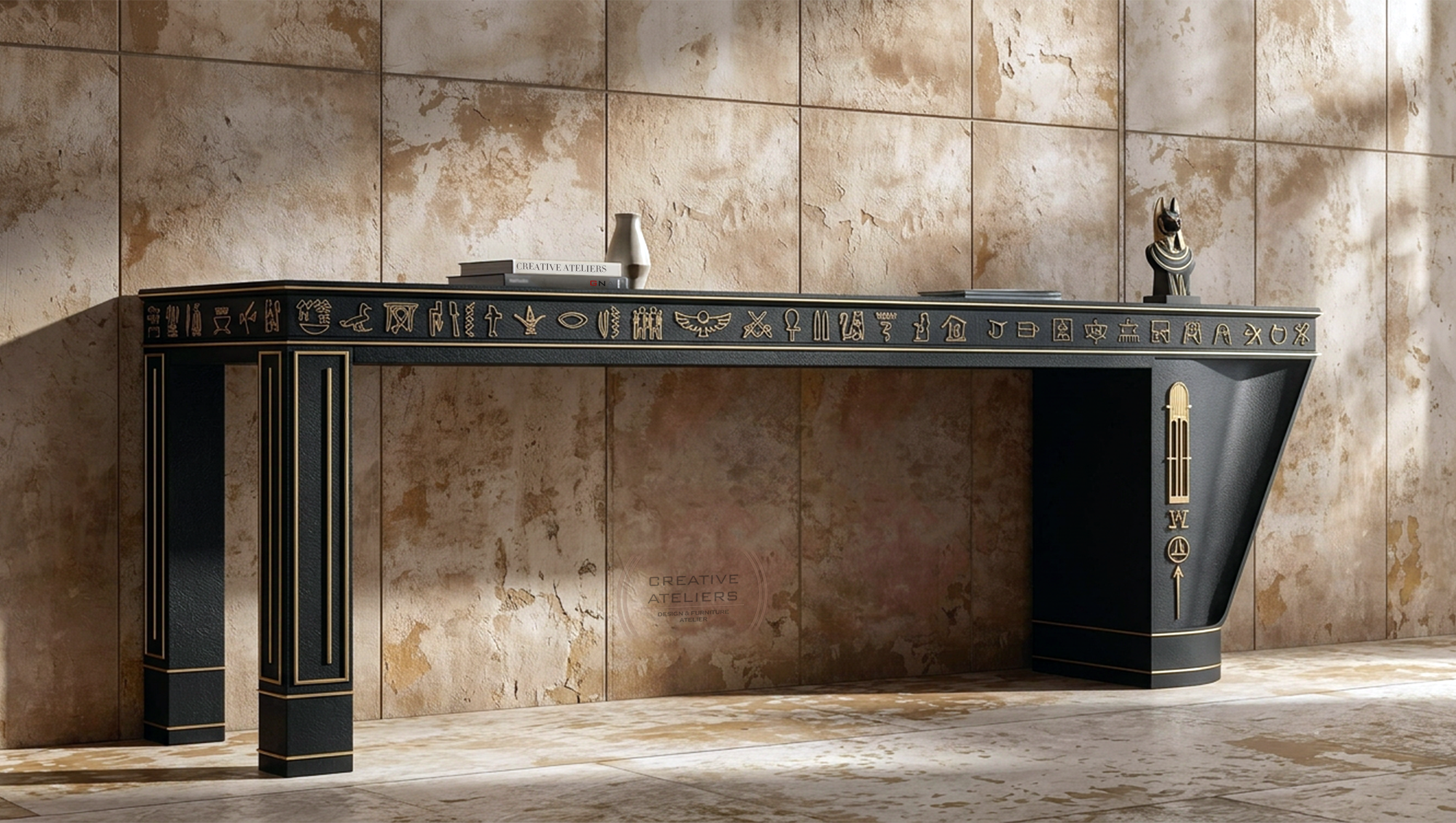 ARCHEON sculptural wine cabinet – luxury architectural furniture by Creative Ateliers, handcrafted black and gold statement cabinet inspired by ancient civilizations and symbolic design.