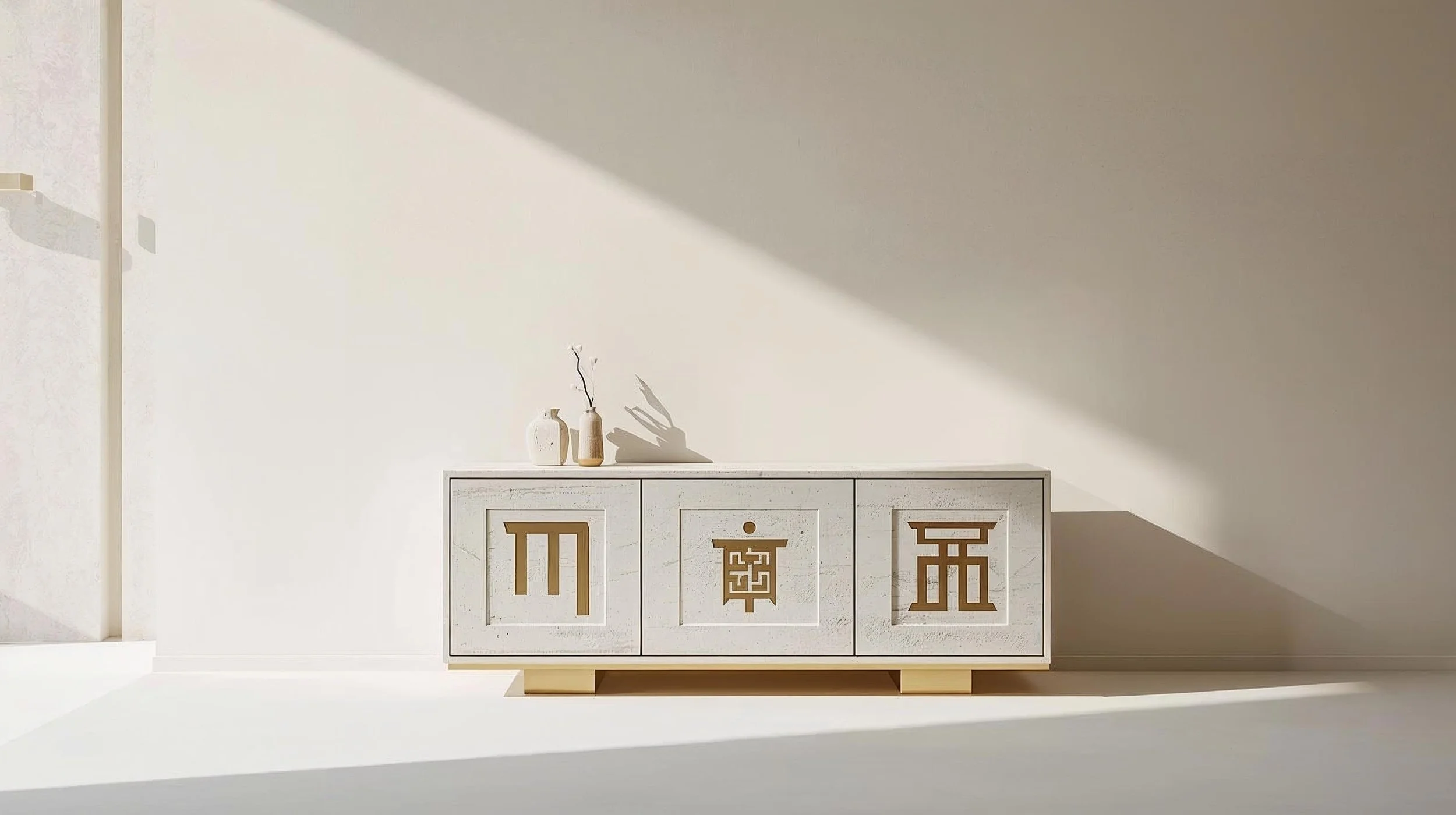 URHA luxury console table inspired by Göbeklitepe, solid wood body with deep carved patterns and brushed metal details, handcrafted design