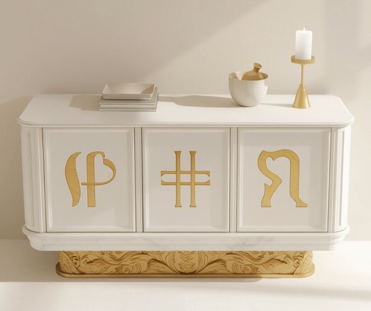 Front view of ISHTAR console showcasing white lacquer panels adorned with symbolic gold motifs.