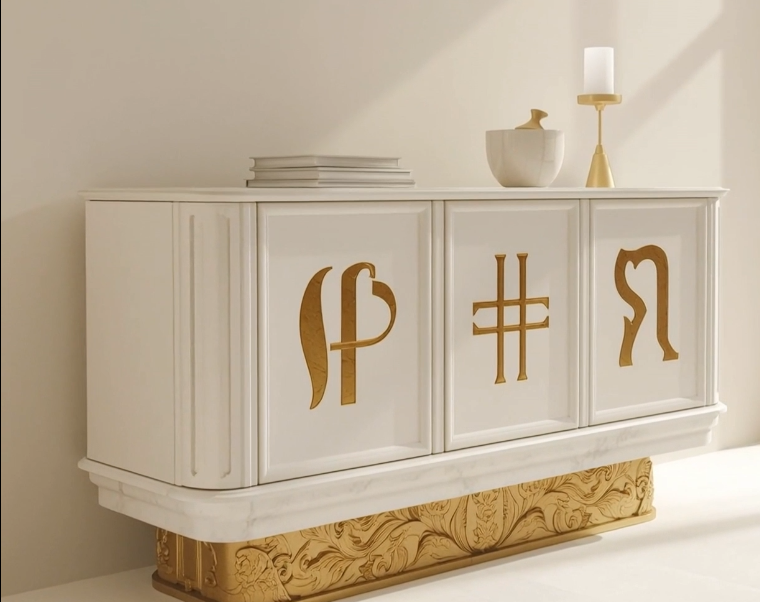 ISHTAR console embodying divine balance and elegance, featuring white lacquer surfaces and gold sacred symbols.