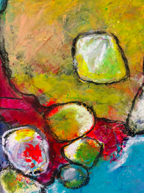 Abstract painting by Michelle Saleeba with colorful stones and a textured background