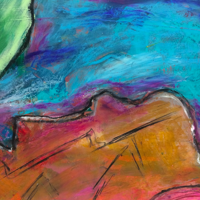 Abstract colorful painting with a mix of blue, purple, pink, orange, and green shades and loose black lines.