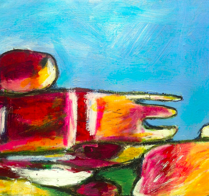 Abstract painting of a rock formation with elongated protruding sections, consisting of red, yellow, pink, and green colors, set against a blue background by Michelle Saleeba.