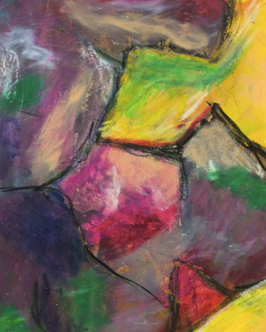 Abstract painting by Michelle Saleeba with vibrant colors including yellow, green, purple, pink, red, and black, featuring bold brushstrokes and geometric shapes.