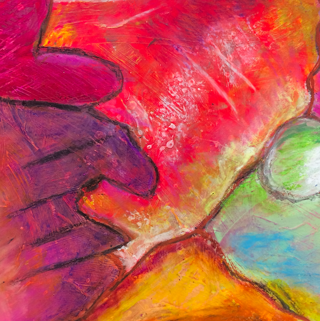 Abstract painting by Michelle Saleeba with vibrant colors and bold black outlines, featuring a mix of pink, purple, orange, yellow, green, and blue hues.