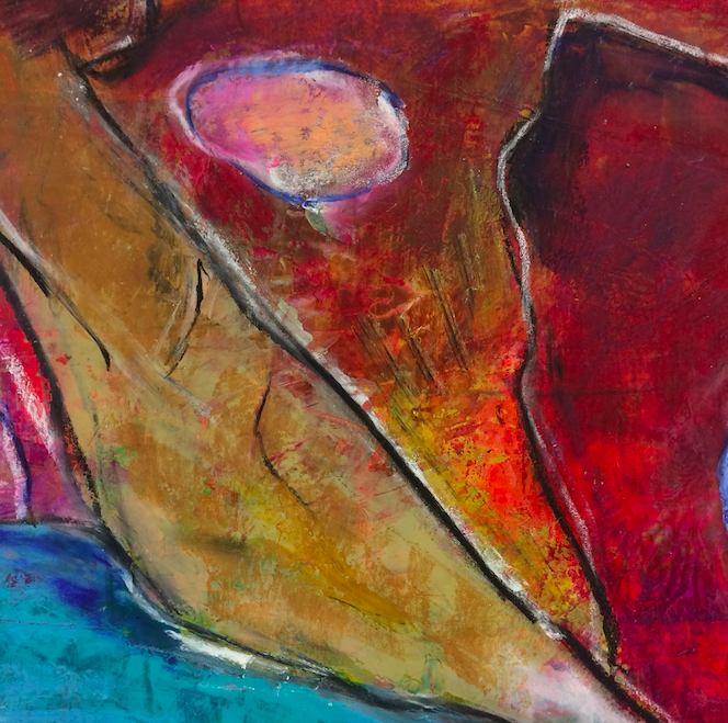 Abstract colorful painting with bold brushstrokes, featuring areas of red, yellow, blue, and purple, separated by black and white lines.