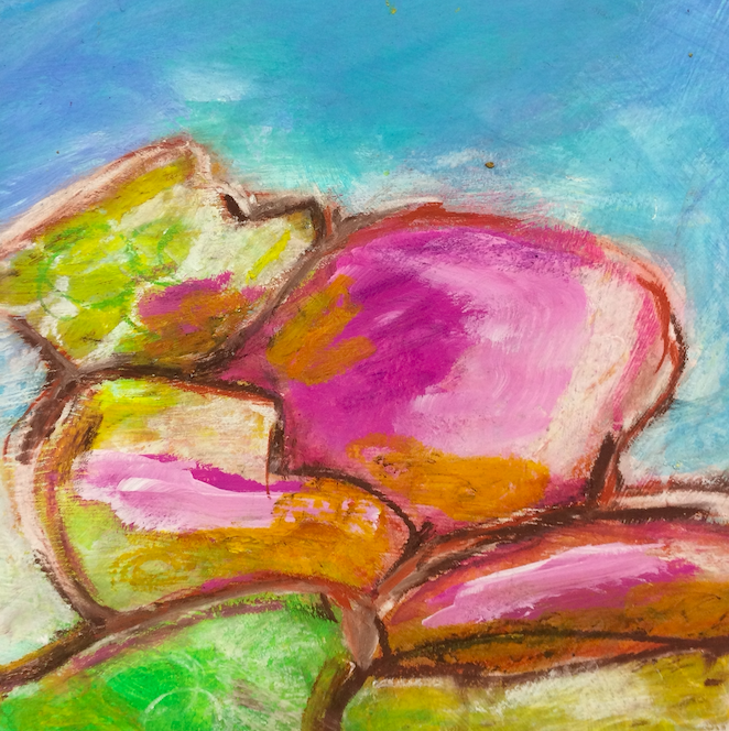 Abstract painting by Michelle Saleeba with colorful shapes in pink, green, yellow, and blue tones.