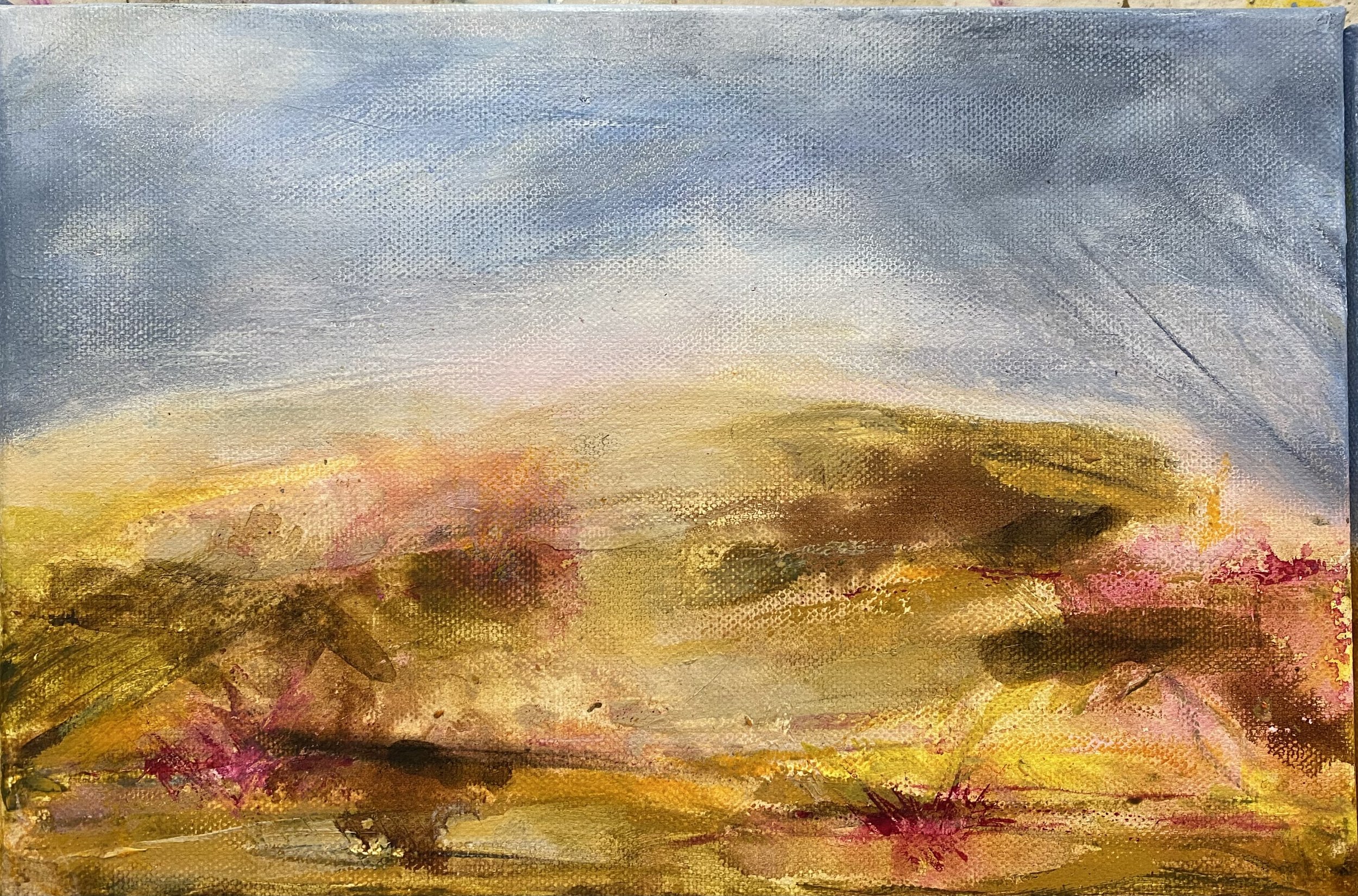 Abstract landscape painting with a cloudy sky, sunlit hills, and pink and yellow vegetation.