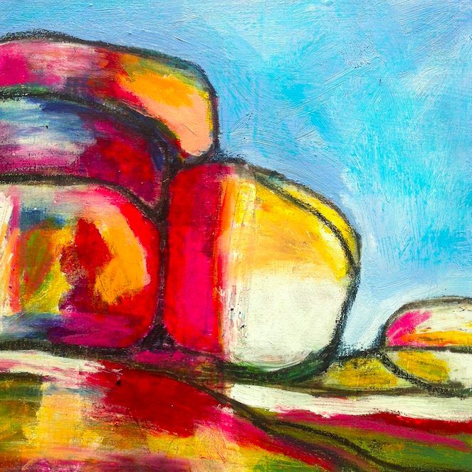 Abstract painting by Michelle Saleeba of a stack of colorful rocks on a surface, with a blue sky background.