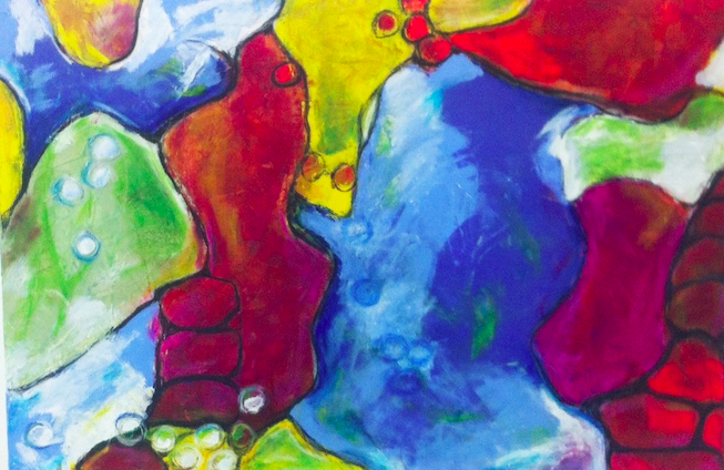 Abstract colorful painting by Michelle Saleeba with organic shapes in yellow, red, blue, green, and purple.