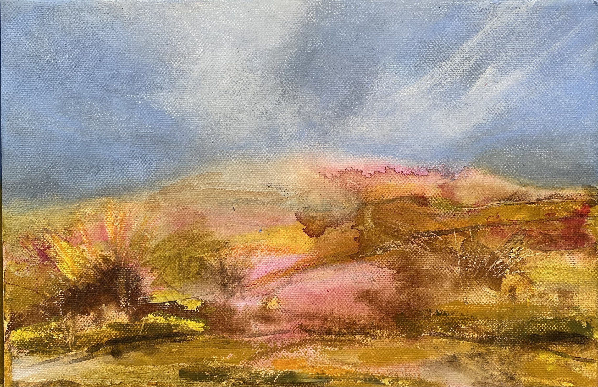 A watercolor painting of a landscape with a cloudy sky and hills in shades of pink, yellow, and green.