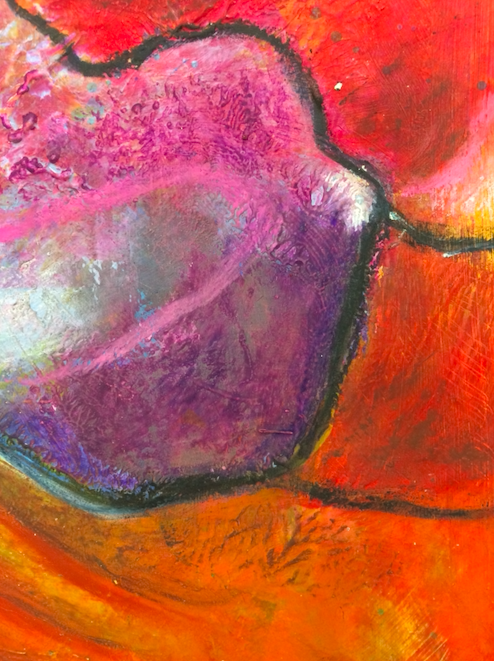 Close-up of an abstract painting by Michelle Saleeba with a prominent pink and purple shape outlined in black, set against a background of orange and red hues.