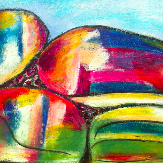 Abstract painting with colorful, rounded rock formation in shades of orange, pink, yellow, green, and blue by artist Michelle Saleeba.