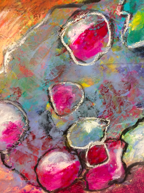 Abstract painting by Michelle Saleeba with colorful shapes outlined in black and white, featuring pink, red, green, and yellow hues.