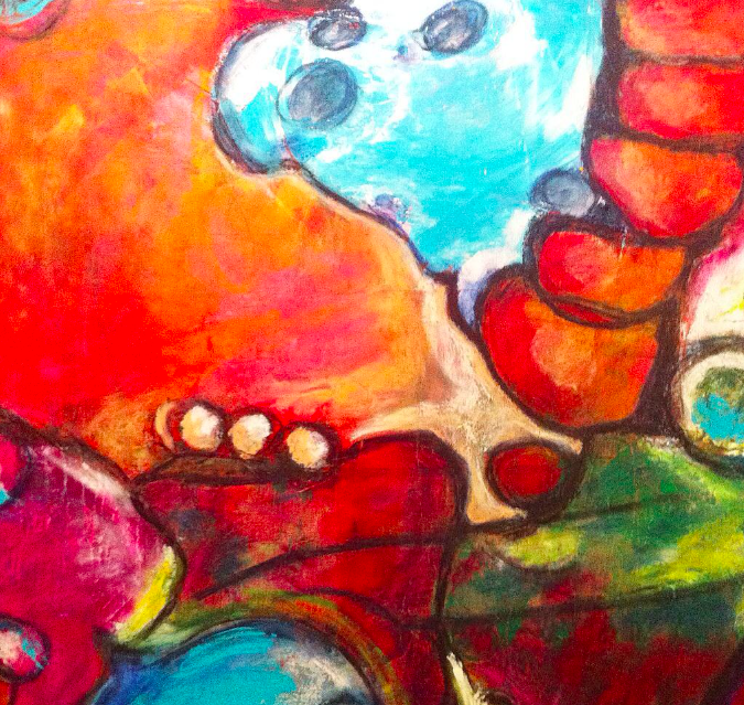 Close-up of a colorful abstract painting by Michelle Saleeba with bold brushstrokes, featuring red, orange, blue, and green shapes.