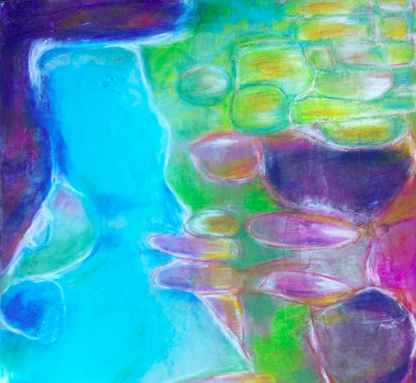 Abstract painting by Michelle Saleeba with a large blue shape on the left, surrounded by green, purple, and pink oval and rectangular shapes.
