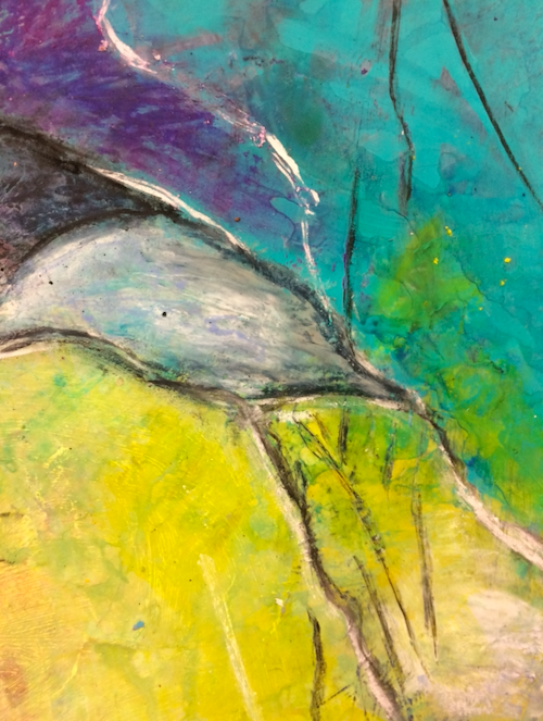 Abstract painting by Michelle Saleeba with blue, green, yellow, and black colors.