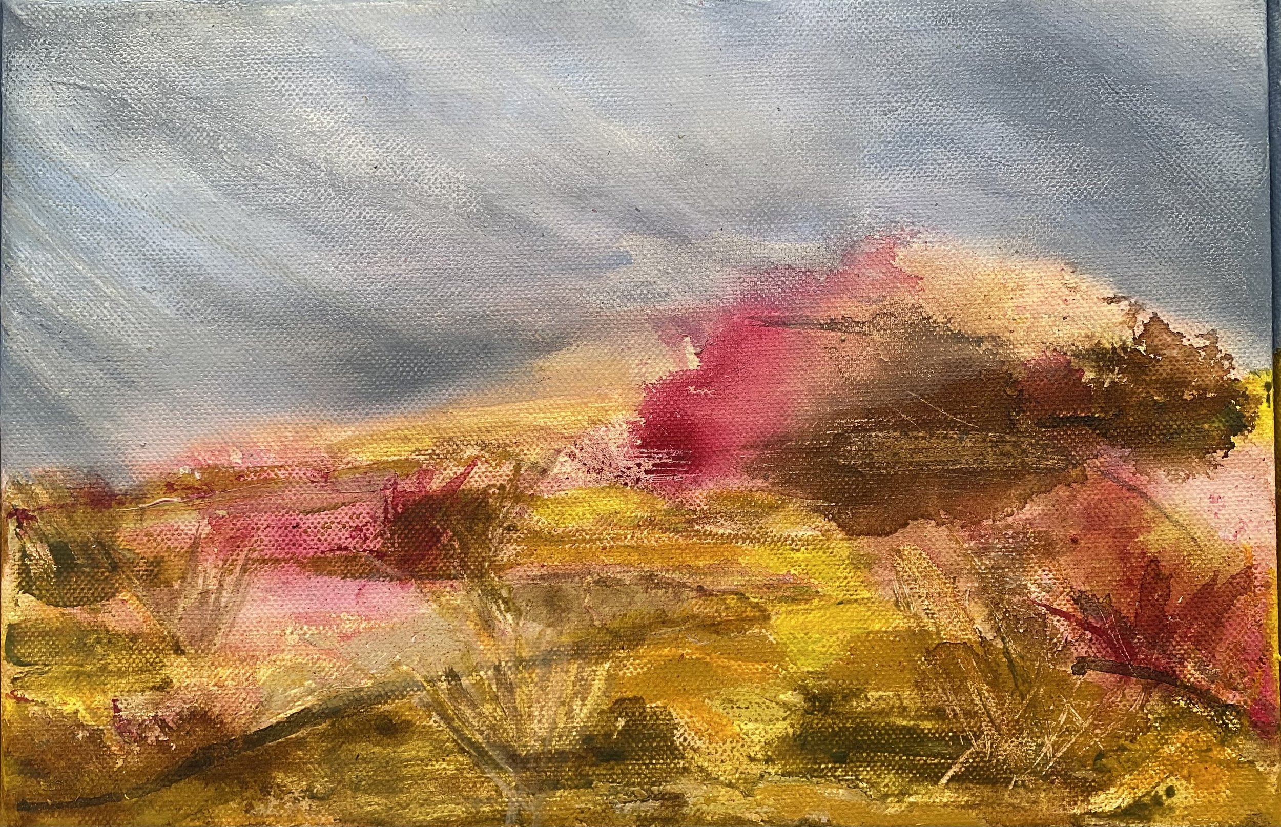 Abstract landscape painting with a cloudy, stormy sky, over hills, and pink and yellow vegetation.
