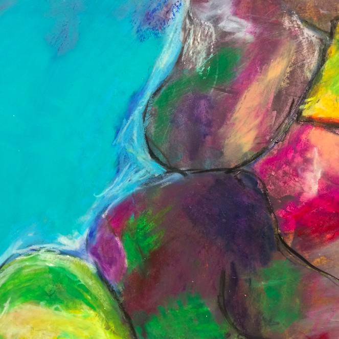 Abstract colorful painting by Michelle Saleeba with rounded shapes in shades of blue, green, purple, pink, yellow, and brown.