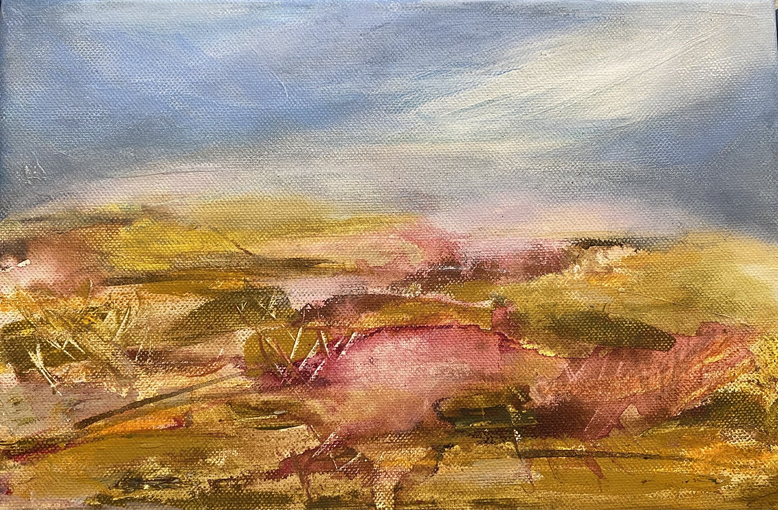 Abstract landscape painting with blue sky, yellow hills, and pink and earthy foregrounds.