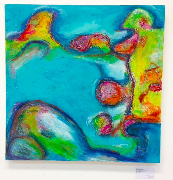Abstract colorful painting by Michelle Saleeba with blue background and various irregular shapes in green, orange, pink, and purple.