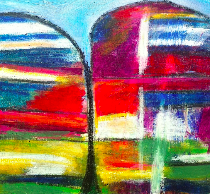 Abstract colorful painting with bold brushstrokes, featuring a black vertical line dividing the composition into two sections, with vibrant areas of red, blue, yellow, purple, and green.