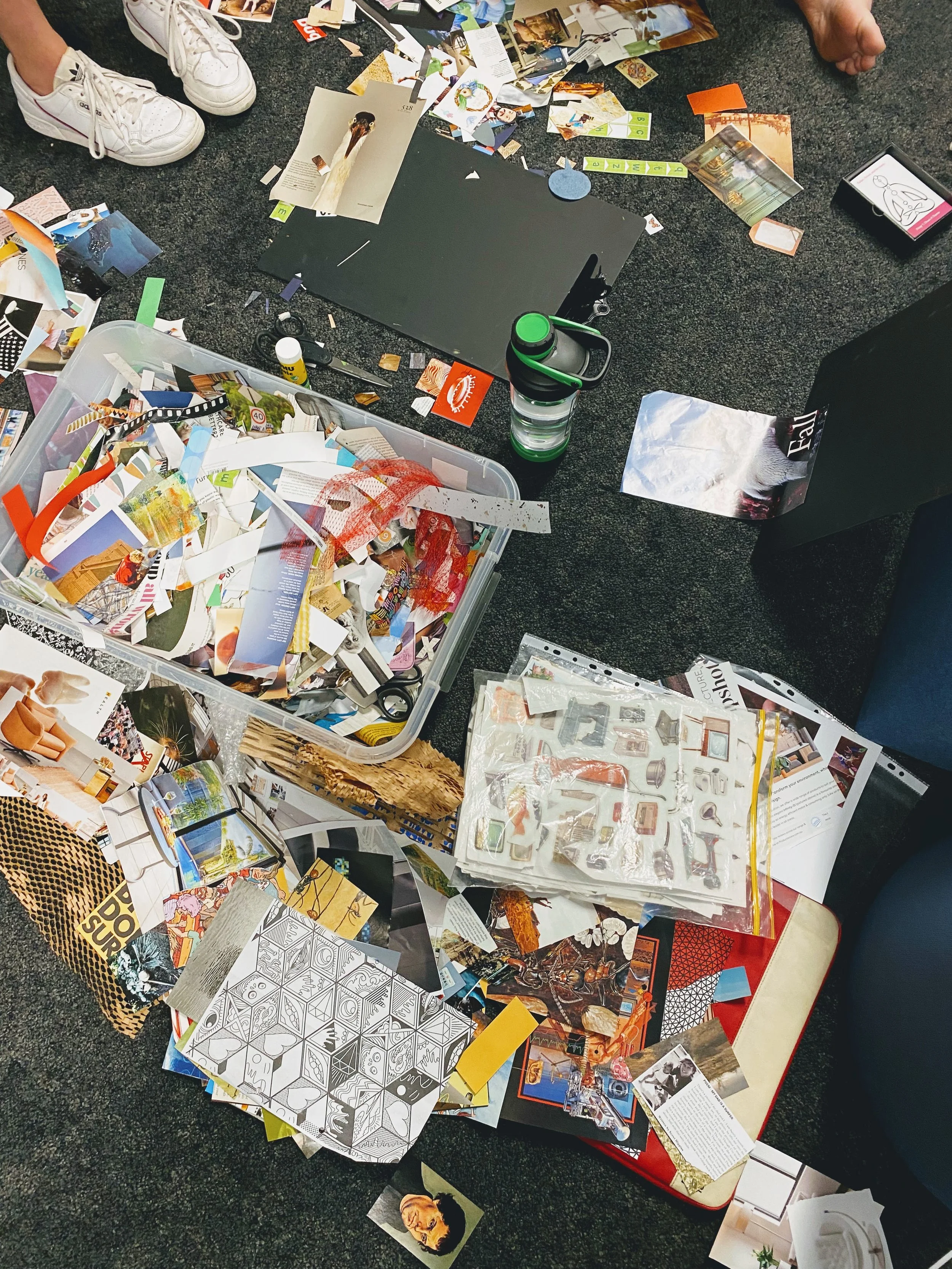 Art supplies laid out for a therapeutic arts program for veterans and first responders in a psychiatric setting