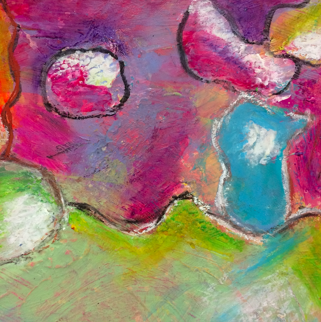 Abstract artwork with vibrant splashes of pink, purple, blue, green, and white colors, featuring irregular shapes outlined in black.