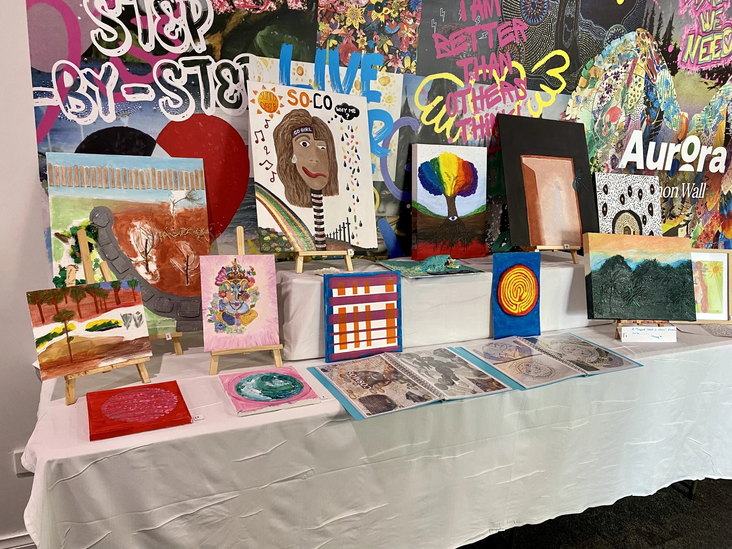 Artworks created through a community-based art therapy program displayed in an exhibition setting
