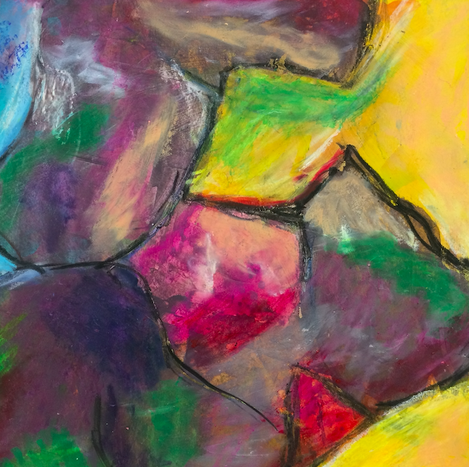 Abstract painting by Michelle Saleeba with vibrant colors including yellow, green, purple, pink, red, and black, featuring bold brushstrokes and geometric shapes.