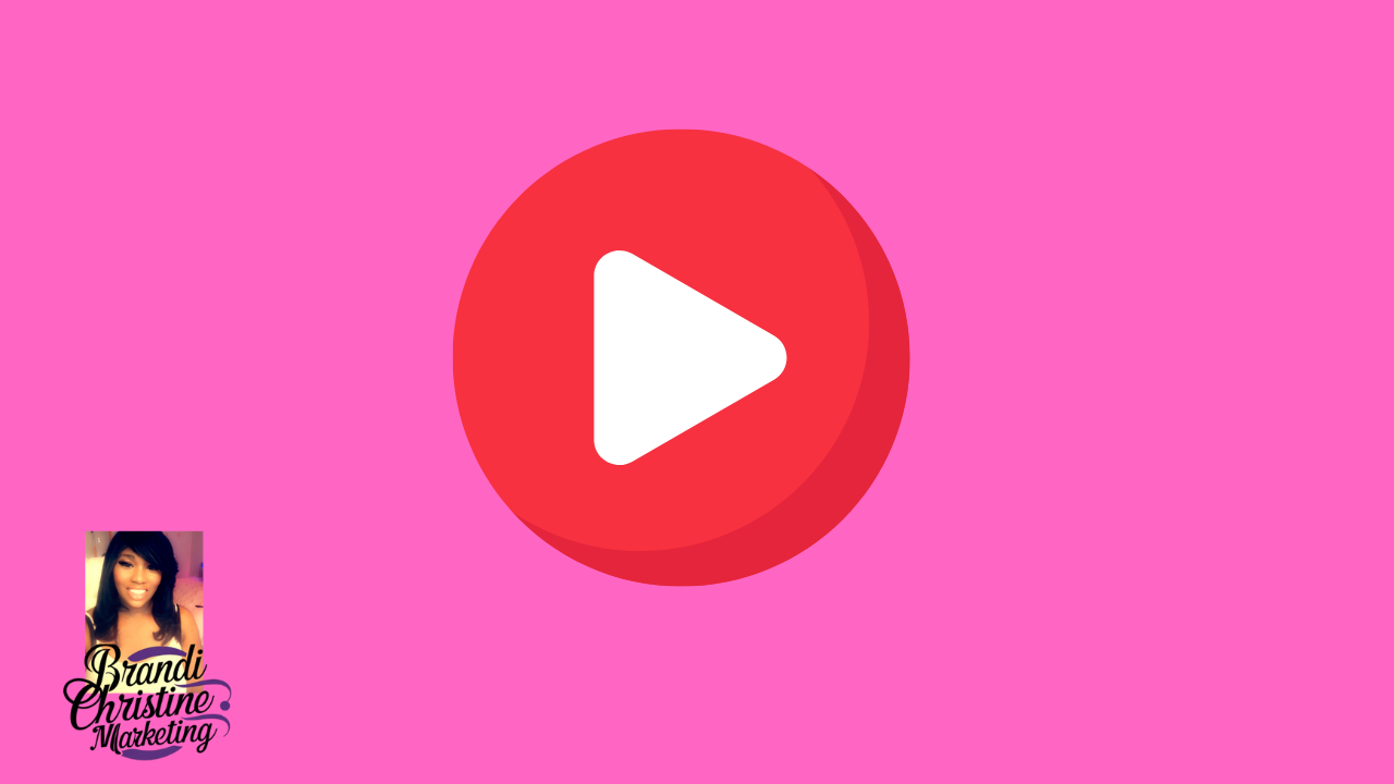 Digital graphic with a large red circle and a white play button in the center, pink background, and a small photo of a woman with long dark hair in the bottom left corner, labeled "Brandi Christine Marketing."