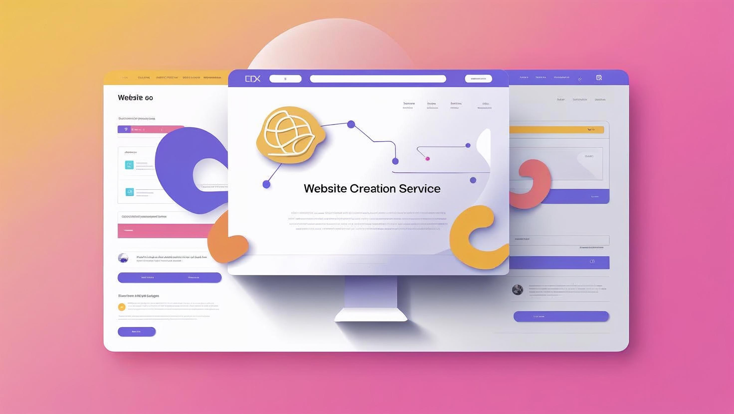 Screenshot of a website creation service webpage with colorful abstract shapes and three overlapping web pages in the background on a pink gradient surface.