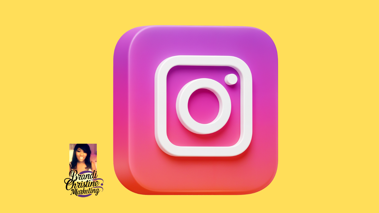 3D Instagram logo in pink and purple on yellow background, with Brandi Christine Marketing logo in bottom left corner.