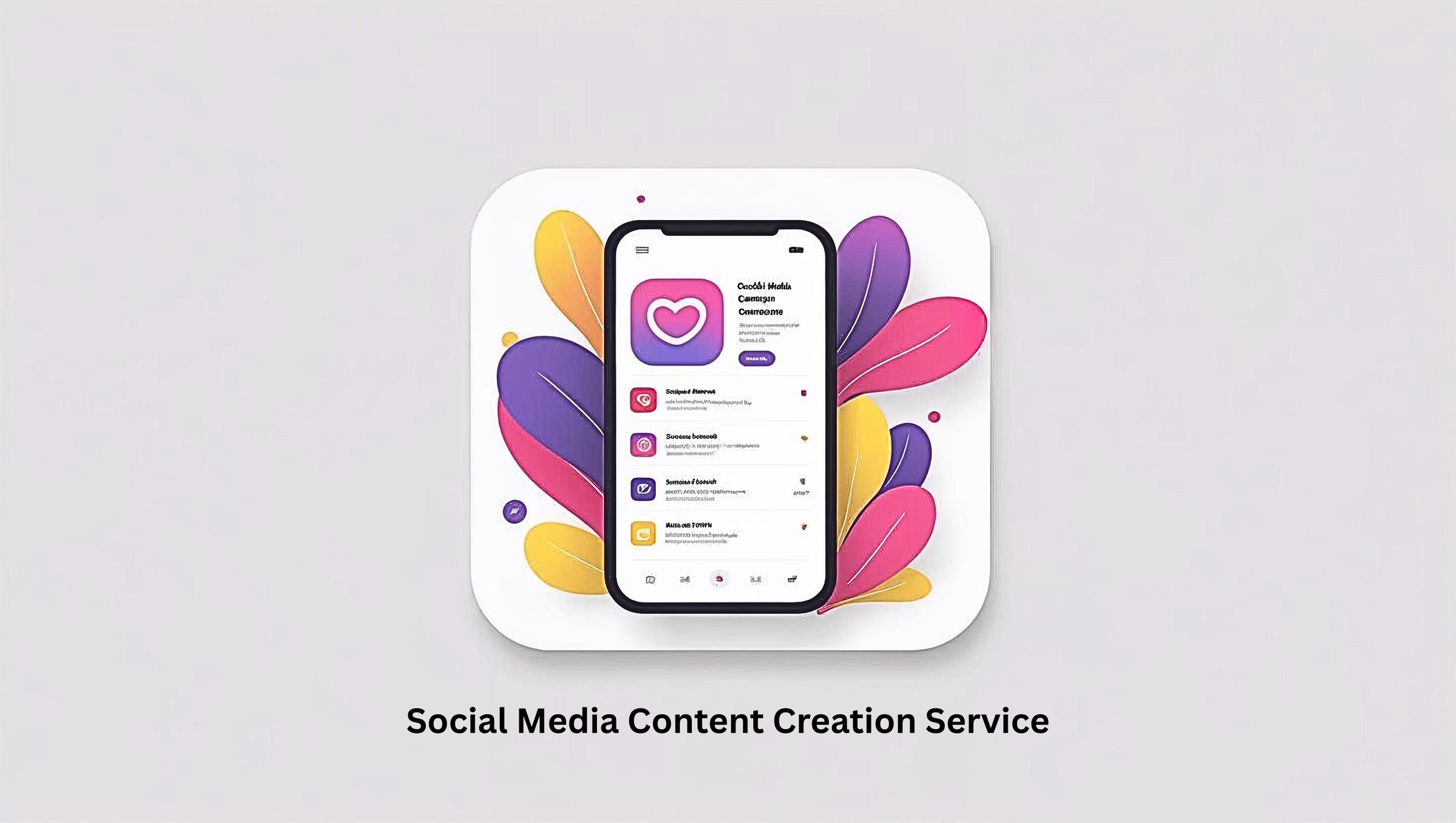 A graphic with a smartphone displaying a social media app, surrounded by colorful leaves, and the text 'Social Media Content Creation Service' at the bottom.