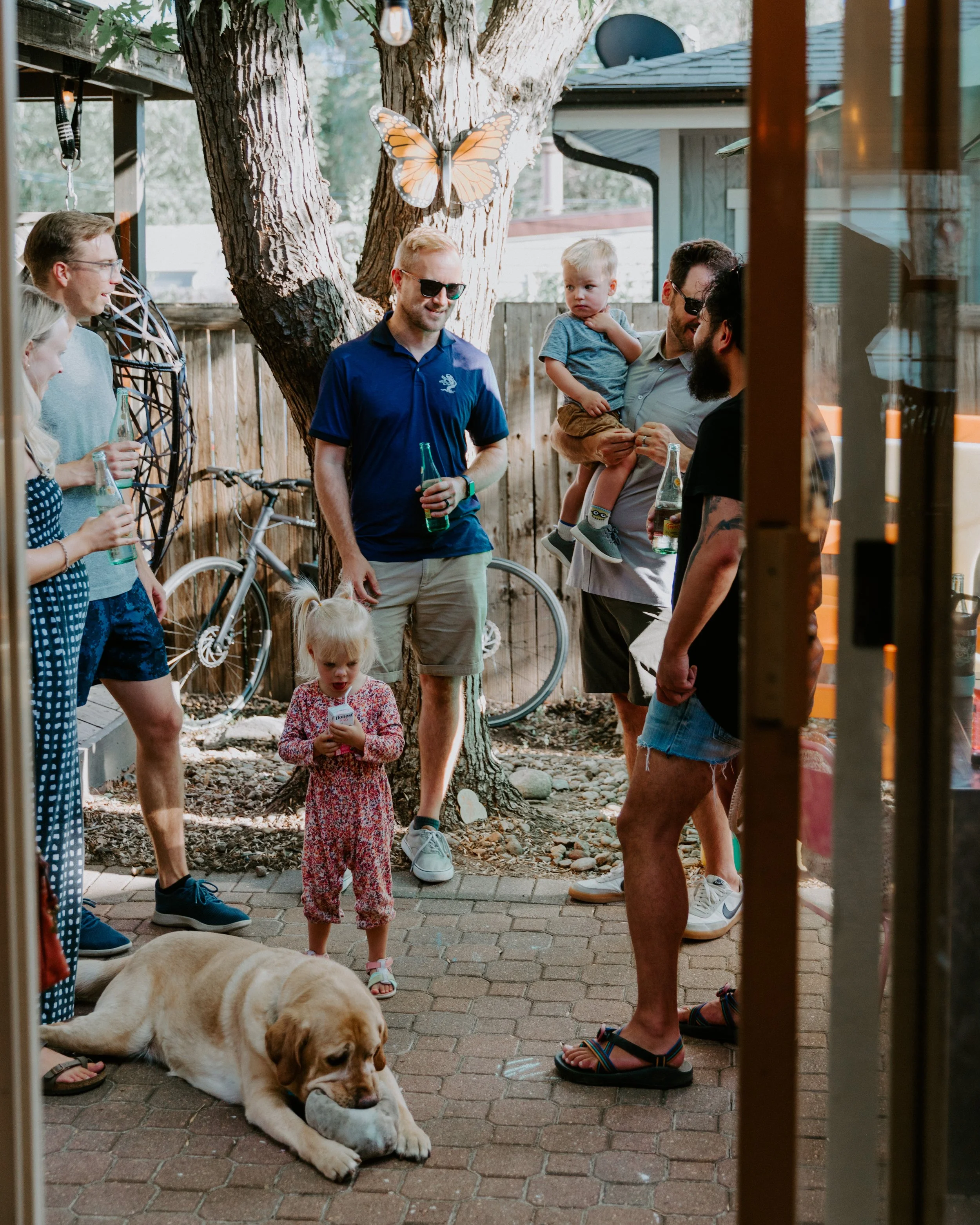 Gathering of people in a backyard, with a large dog lying on the brick patio, children, and adults holding drinks, near a large tree with a decorative butterfly hanging from it. A bicycle is leaning against the fence in the background.