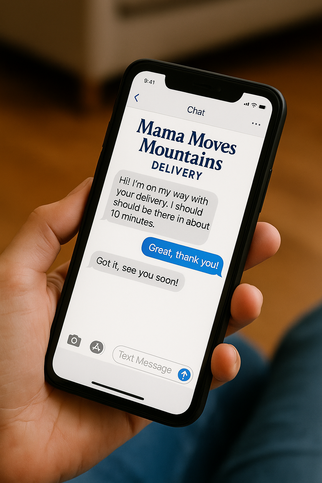 Close-up of a smartphone screen showing a text message conversation with Mama Moves Mountains Delivery about a delivery arriving in about 10 minutes.