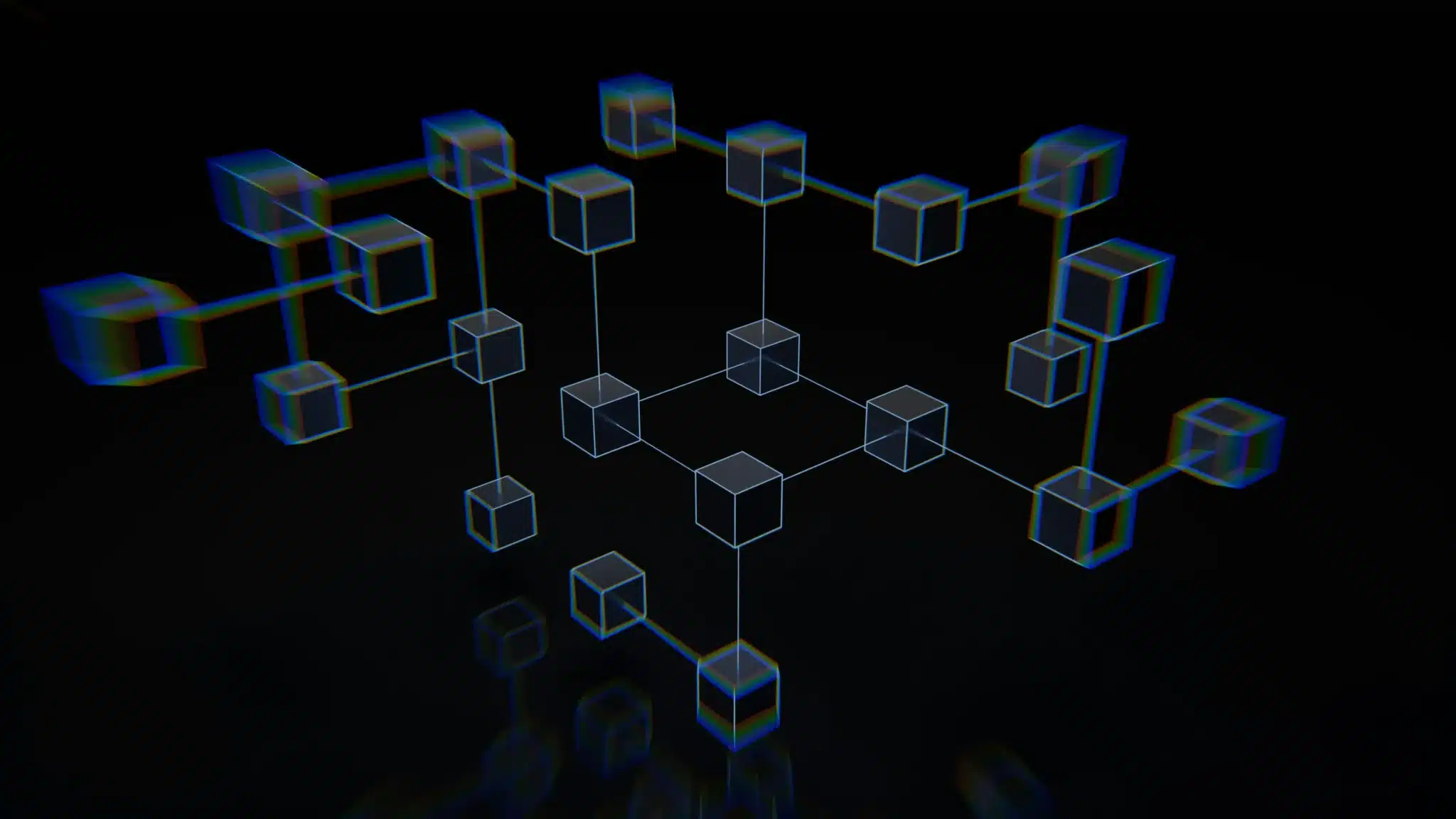 Digital illustration of interconnected transparent cubes with blue and rainbow outline, set against a black background, resembling blockchain or network structure.