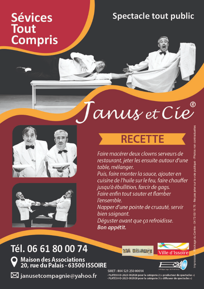 An advertisement poster for a comedy show at Janus et Cie, featuring black and white photos of clowns performing, with Italian text describing a humorous recipe involving clown antics, and includes contact info, location, and logos.